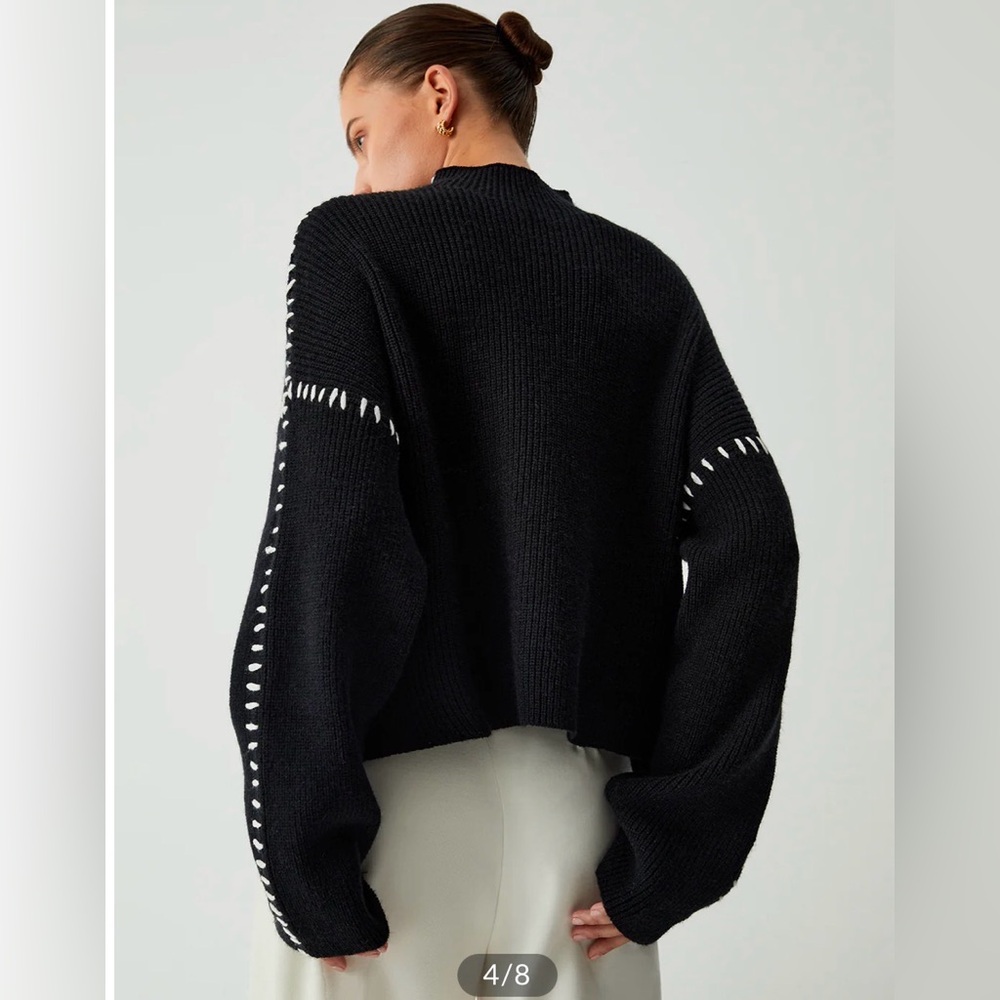 Commense Black Oversized Mock Neck Sweater with White Stitching - Picture 3 of 7